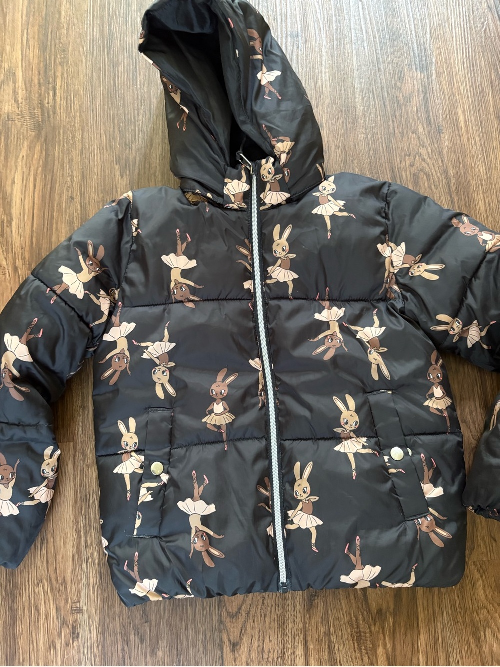 H&M Black Bunny Print Hooded Puffer Jacket